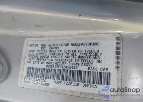 2001 Toyota Corolla S from USA, damaged, VIN 1NXBR12E31Z438143